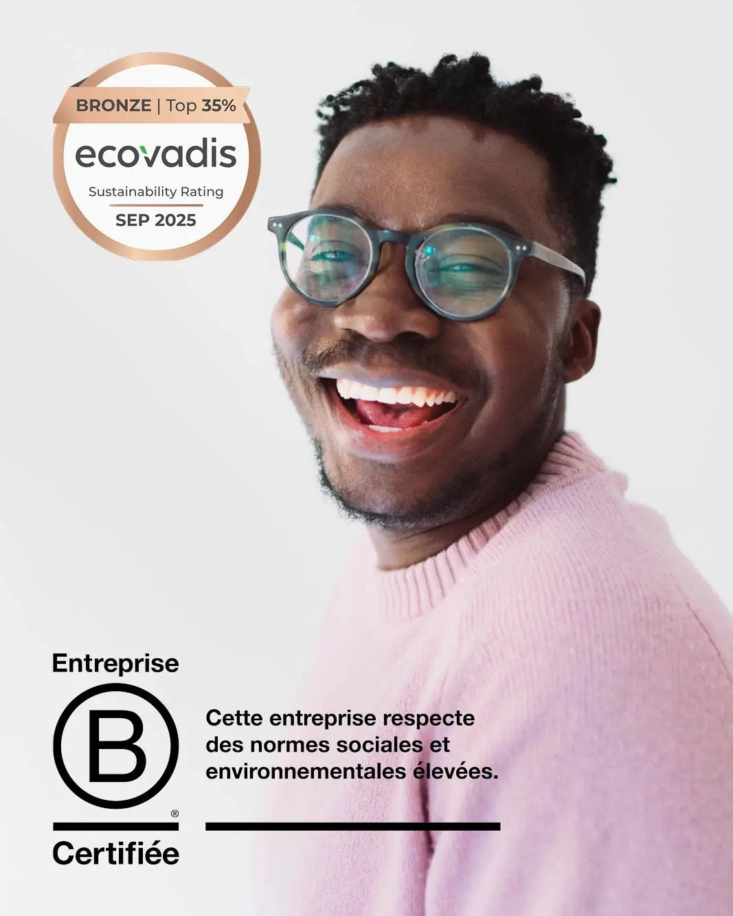 Un homme rigole et deux labels ecovadis et bcorp 2